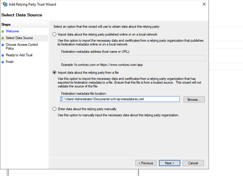 AD FS add relying party trust step 2