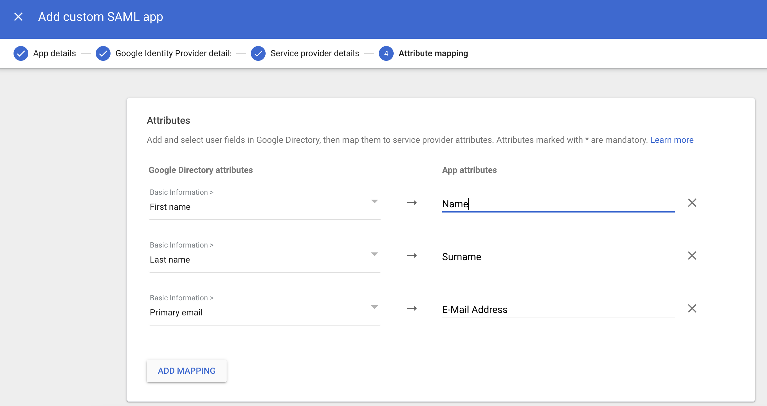 Add SAML application, step 4