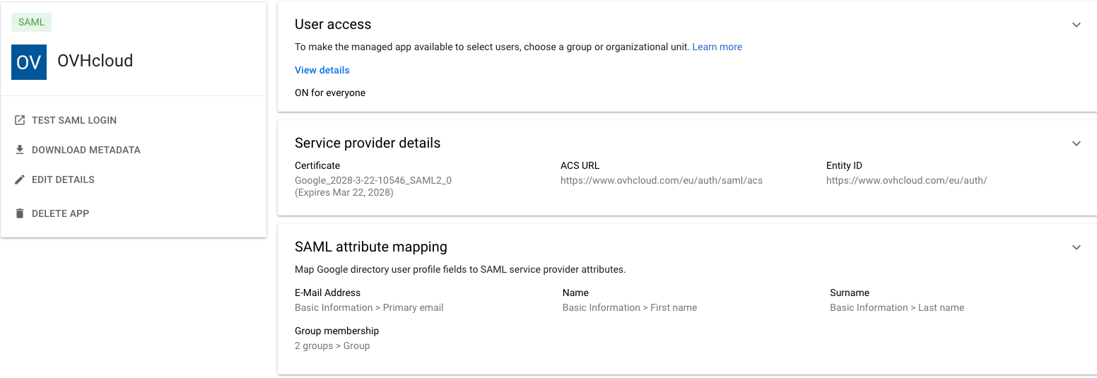 SAML Application Detail