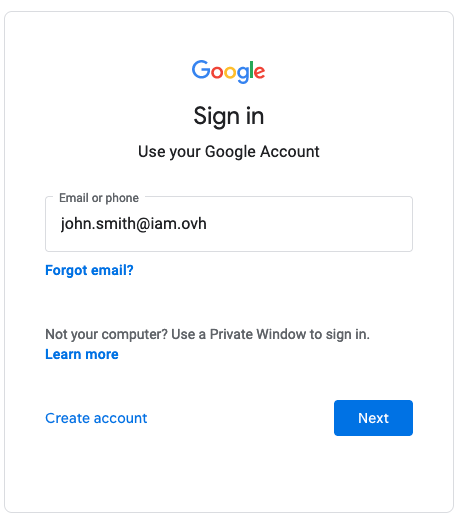 OVHcloud Federation login Reindirizzamento Google Workspace