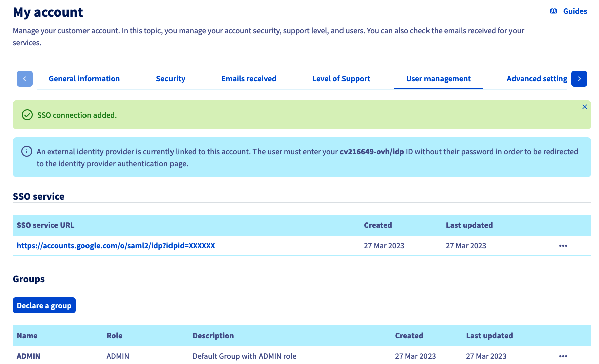 A ligação SSO da OVHcloud etapa 3