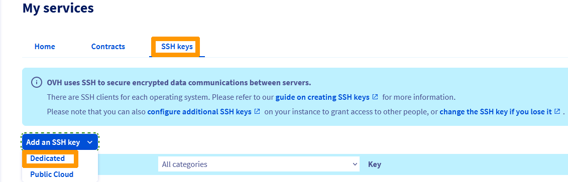 Espace de gestion des clés SSH