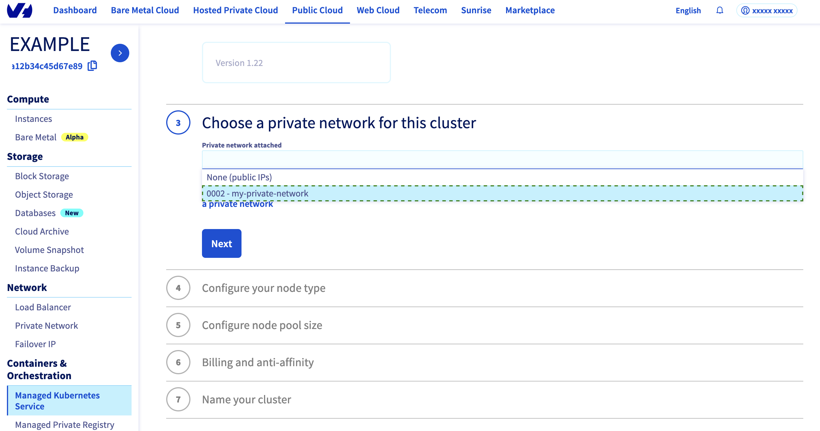 Choose a private network for this cluster