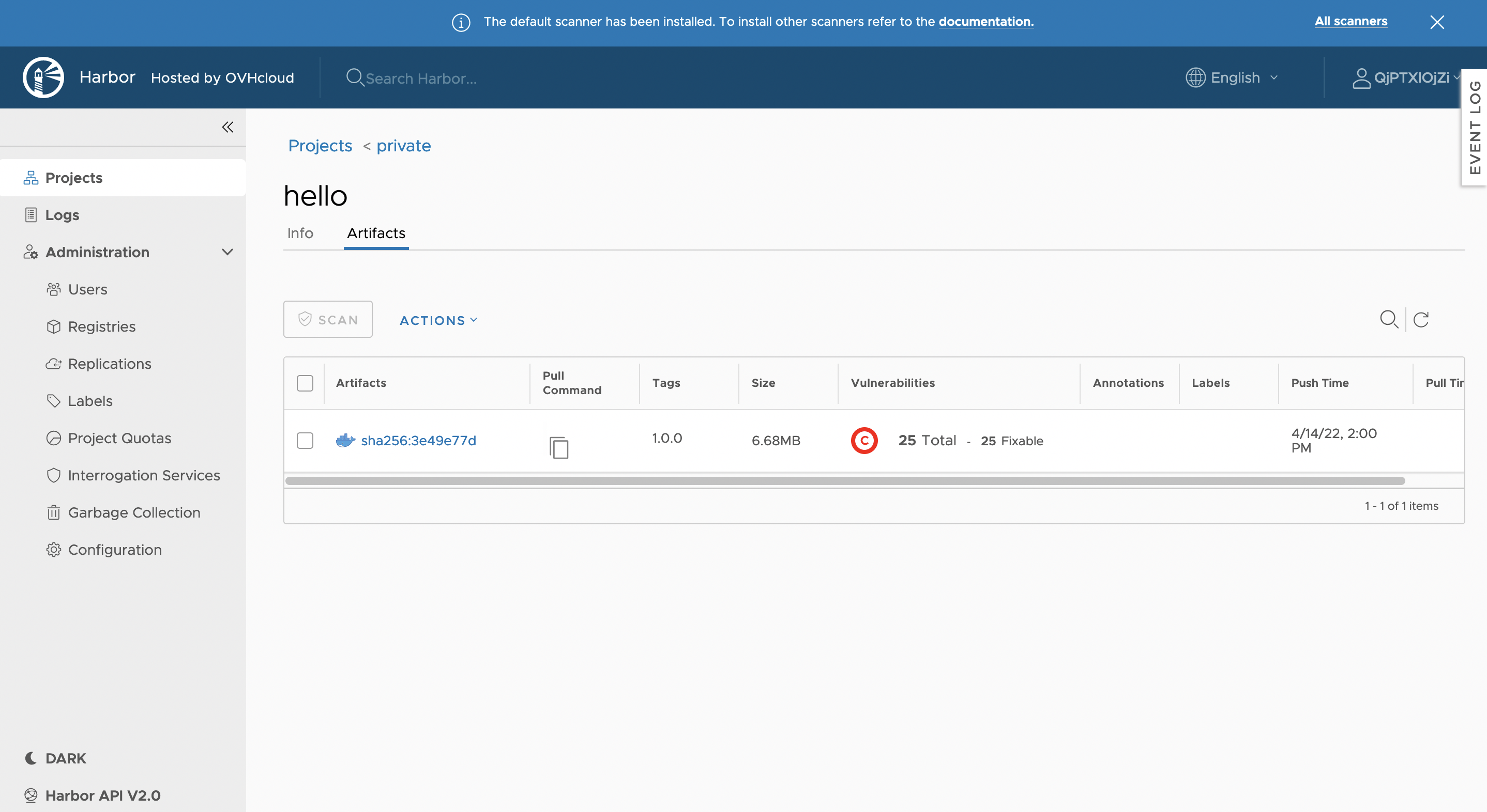 Scan Docker images in OVHcloud Managed Private Registry
