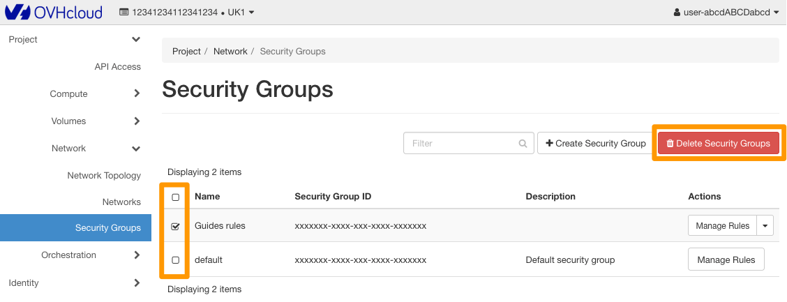 delete security group
